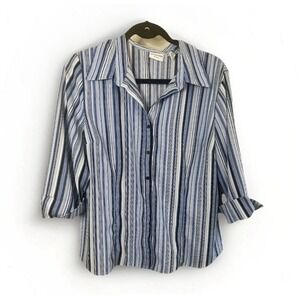 Covington‎ Women's Size XL Button Up Blouse 3/4 Sleeve Blue Striped Collared